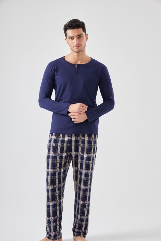 Micro Süet Patlı Düğme Detaylı Erkek Pijama Takımı Lacivert - Bordo - M