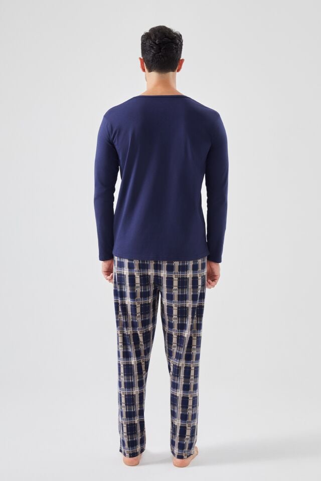 Micro Süet Patlı Düğme Detaylı Erkek Pijama Takımı Lacivert - Bordo - M