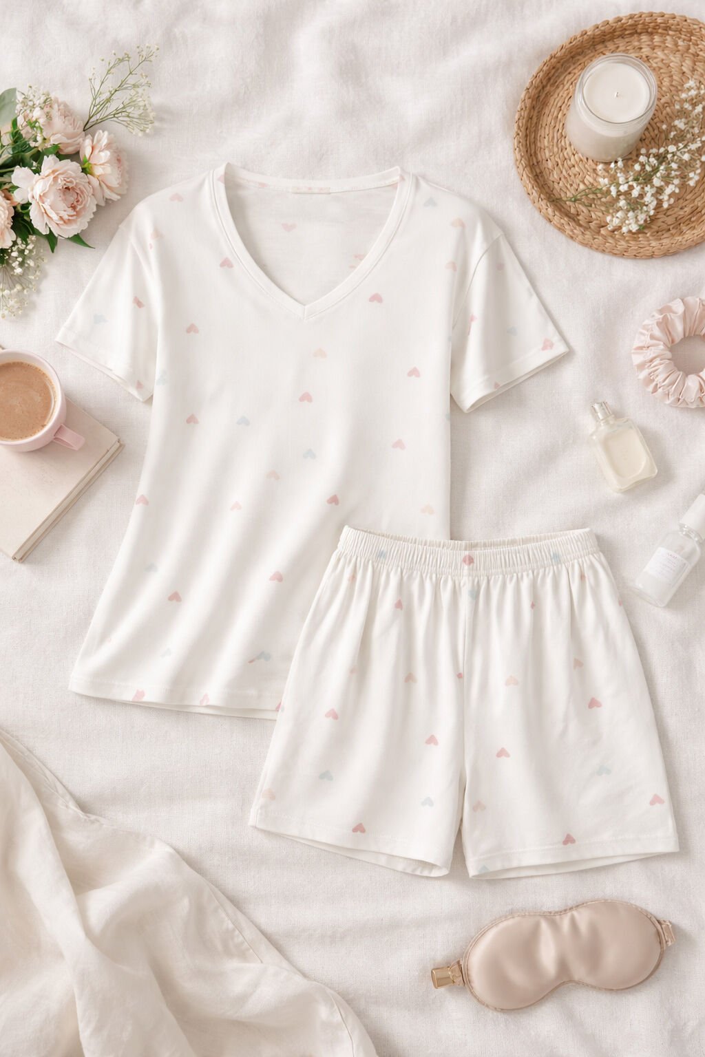 Kadın Kısa Kollu Viskon Kalp Desenli Şortlu Pijama Takımı KO70101 Kalp Desen - S