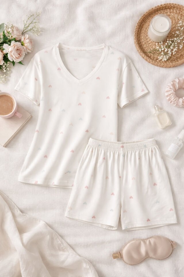 Kadın Kısa Kollu Viskon Kalp Desenli Şortlu Pijama Takımı KO70101 Kalp Desen - S