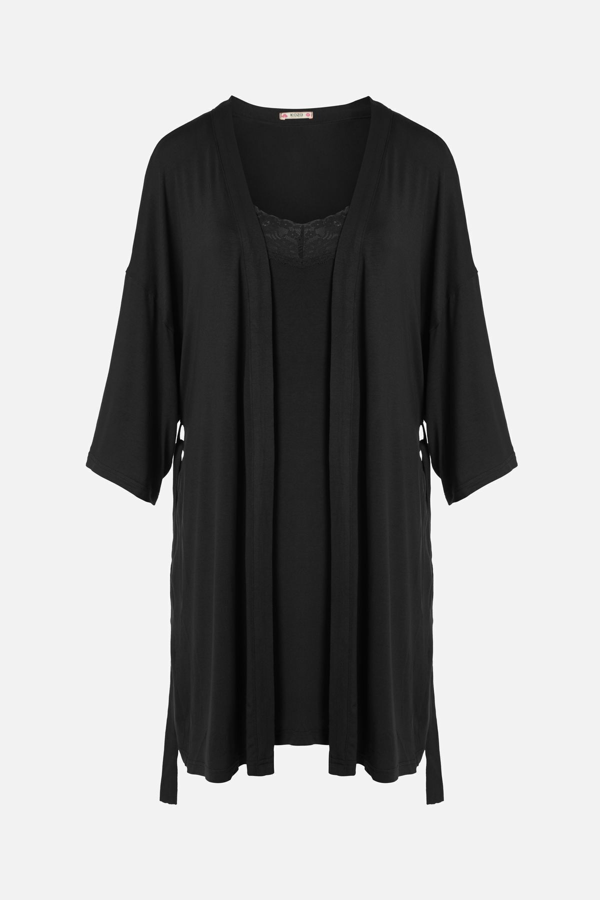 Sevgililer Günü Temalı Kadın Viskon - Yumuşak Dokulu İkili Dantelli Gecelik Sabahlık Takım KO70120 Siyah - S - KO70120 Siyah - S