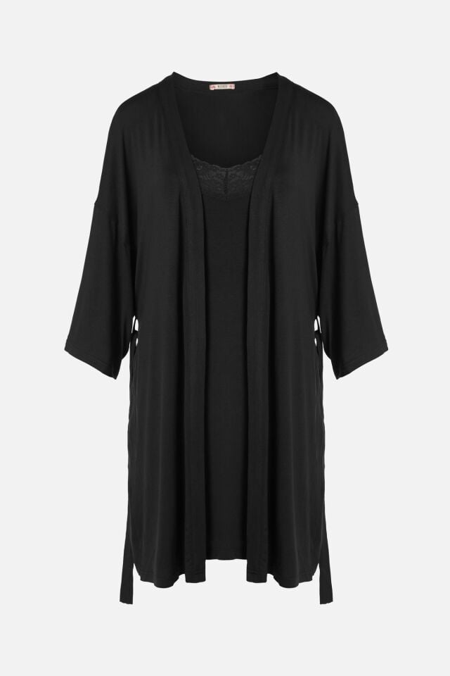 Sevgililer Günü Temalı Kadın Viskon - Yumuşak Dokulu İkili Dantelli Gecelik Sabahlık Takım KO70120 Siyah - S - KO70120 Siyah - S