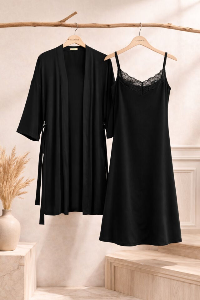 Sevgililer Günü Temalı Kadın Viskon - Yumuşak Dokulu İkili Dantelli Gecelik Sabahlık Takım KO70120 Siyah - S - KO70120 Siyah - S