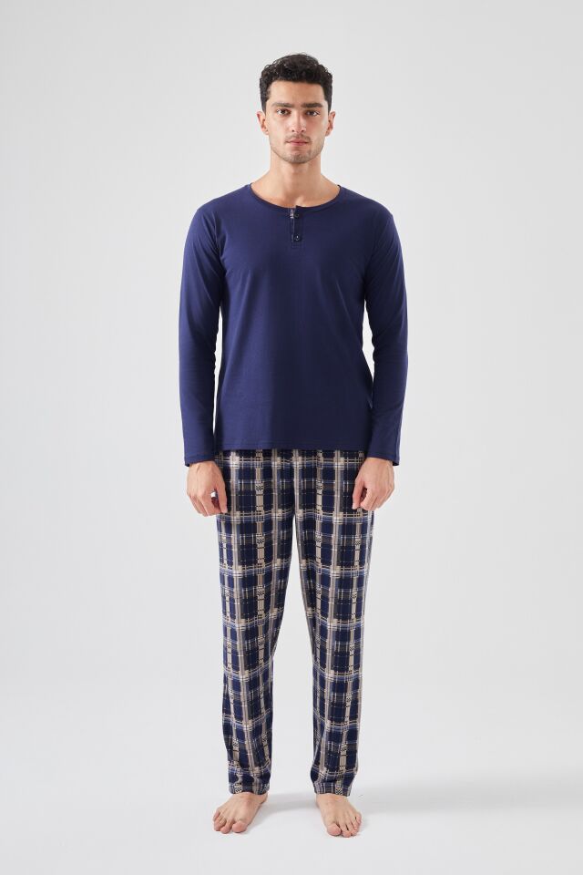 Micro Süet Patlı Düğme Detaylı Erkek Pijama Takımı Lacivert - Bordo - 2XL