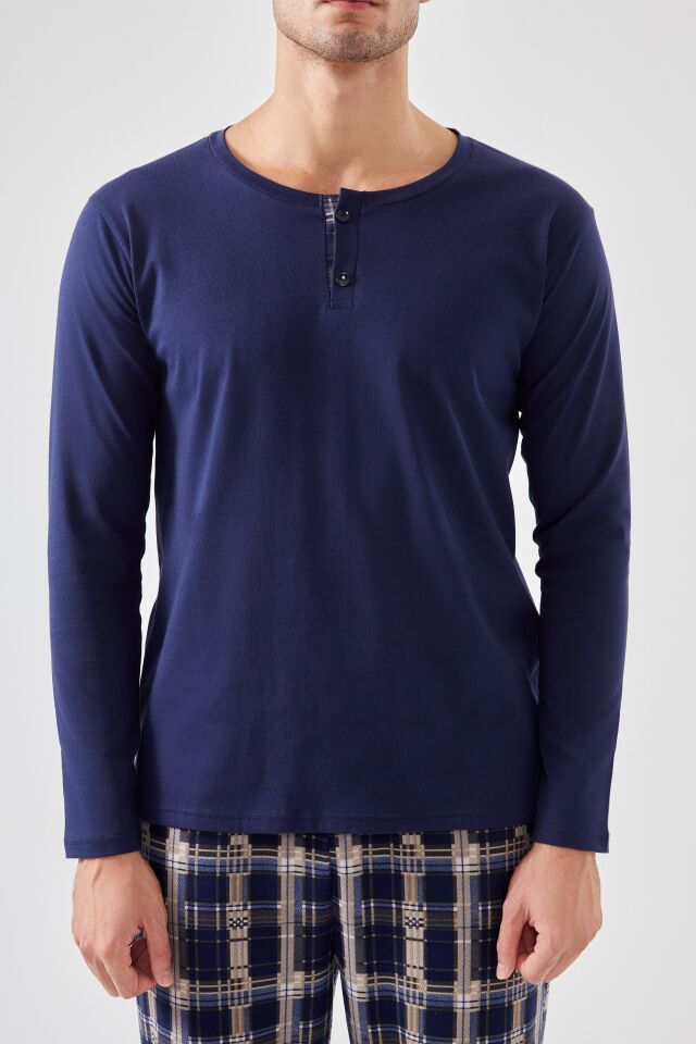 Micro Süet Patlı Düğme Detaylı Erkek Pijama Takımı Lacivert - Bordo - 2XL