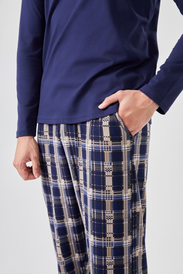 Micro Süet Patlı Düğme Detaylı Erkek Pijama Takımı Lacivert - Bordo - 2XL