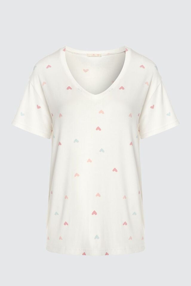 Kadın Kısa Kollu Viskon Kalp Desenli Şortlu Pijama Takımı KO70101 Kalp Desen - XL