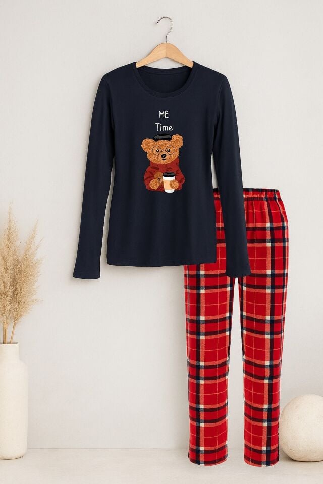 Kadın Yumuşak Dokulu Ayıcık Baskılı Ekose Desenli Pijama Takımı Kırmızı - S/M