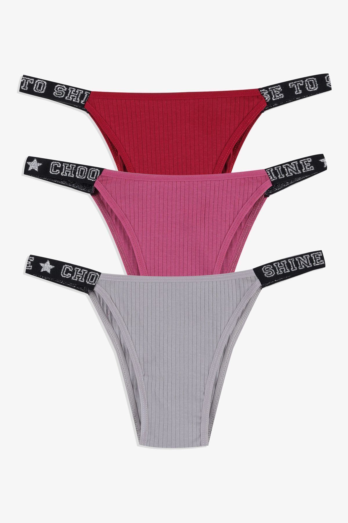 Kadın 3'lü Yazılı Lastikli Fitilli Brazilian Külot bordo-sekerpembe-gri - M - bordo-sekerpembe-gri - M