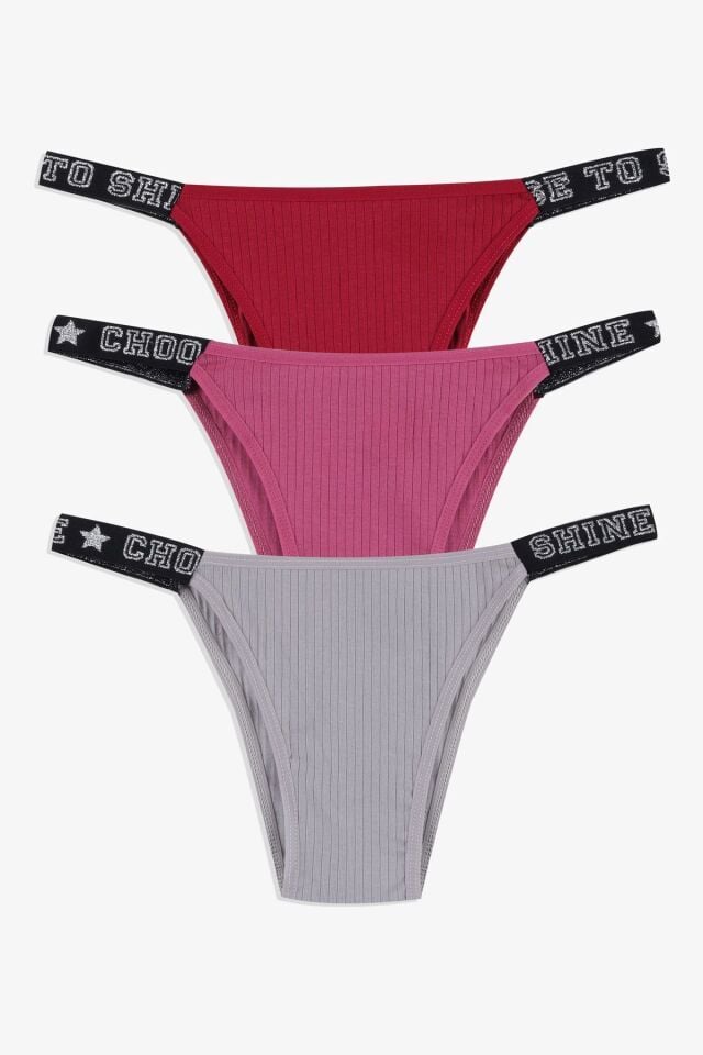 Kadın 3'lü Yazılı Lastikli Fitilli Brazilian Külot bordo-sekerpembe-gri - M - bordo-sekerpembe-gri - M