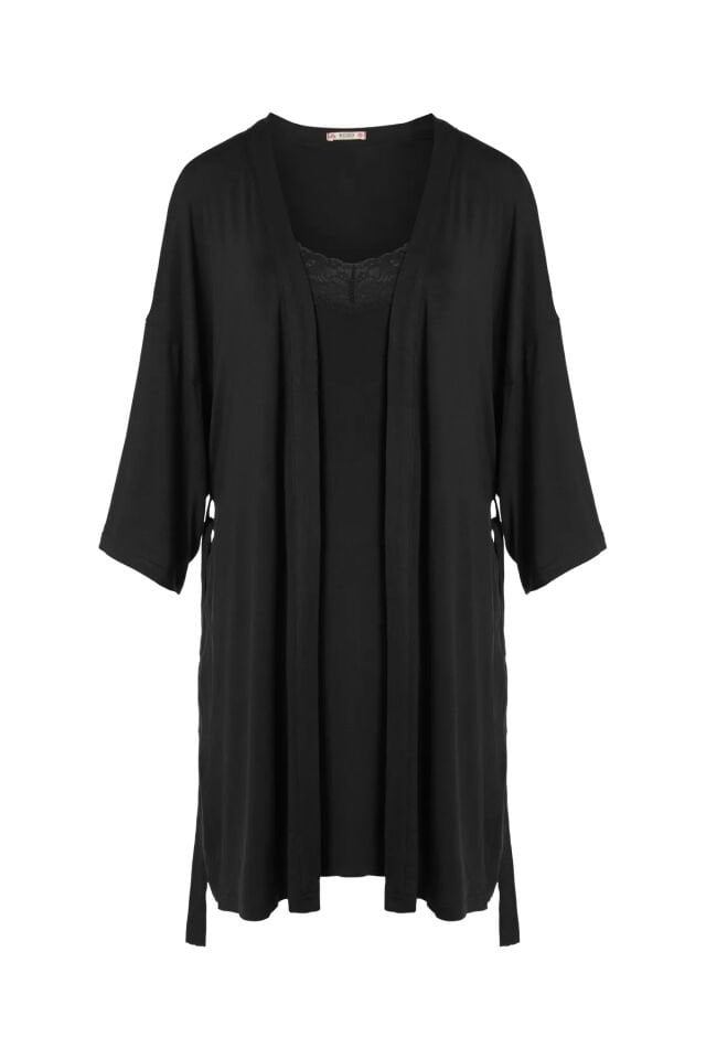 Sevgililer Günü Temalı Kadın Viskon - Yumuşak Dokulu İkili Dantelli Gecelik Sabahlık Takım KO70120 Siyah - M - KO70120 Siyah - M