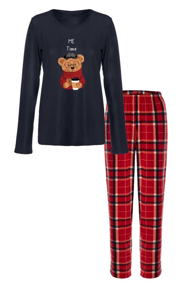 Kadın Yumuşak Dokulu Ayıcık Baskılı Ekose Desenli Pijama Takımı Kırmızı - L/XL