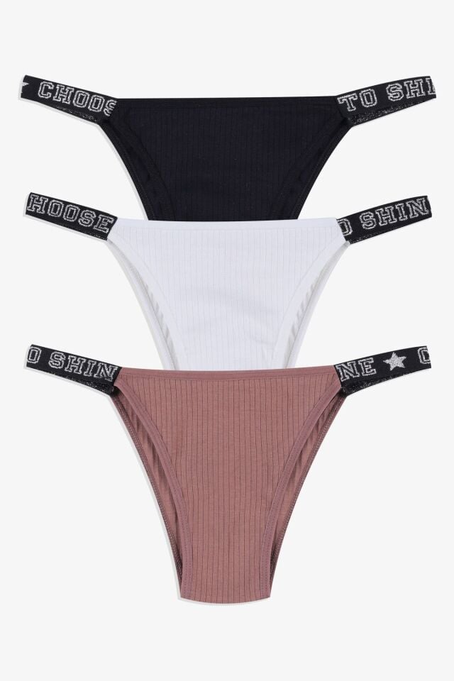 Kadın 3'lü Yazılı Lastikli Fitilli Brazilian Külot siyah-ekru-kahverengi - M - siyah-ekru-kahverengi - M