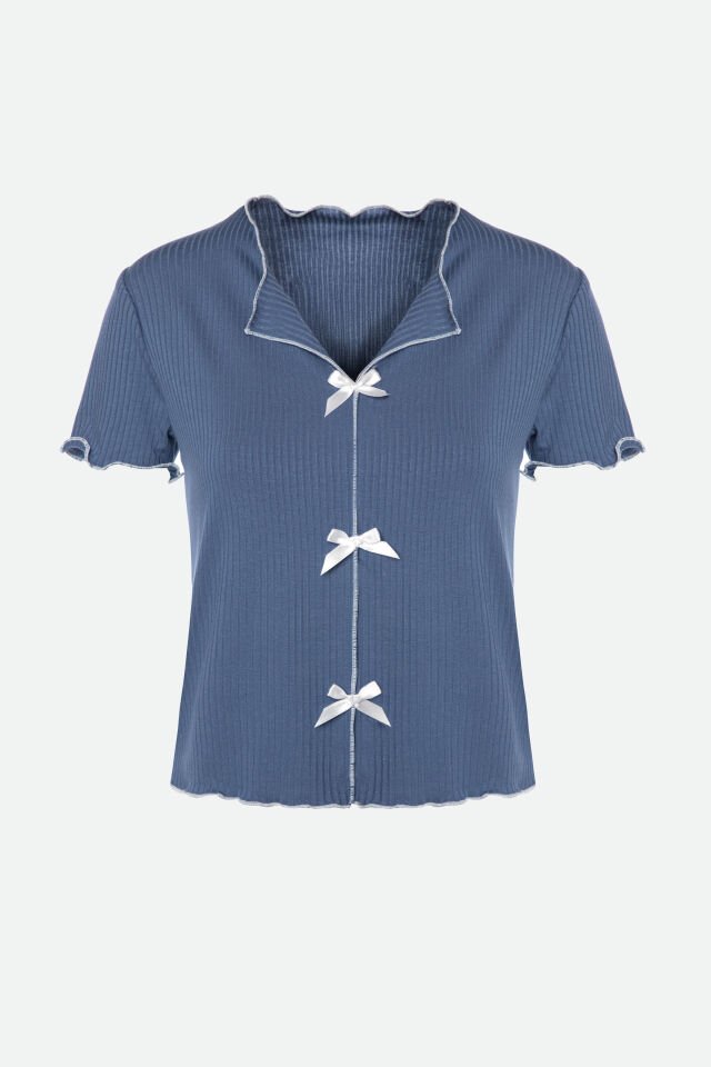 Kadın Kısa Kollu Fiyonklu Fitilli Pijama Takımı