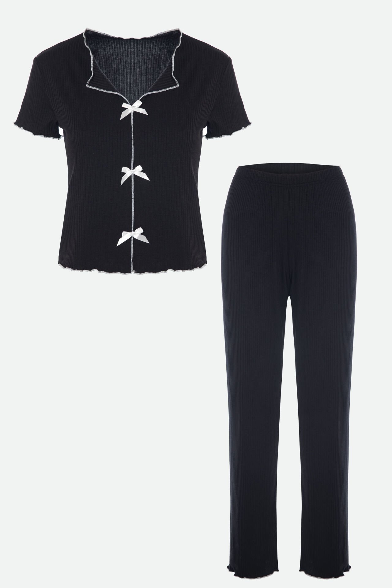 Kadın Kısa Kollu Fiyonklu Fitilli Pijama Takımı