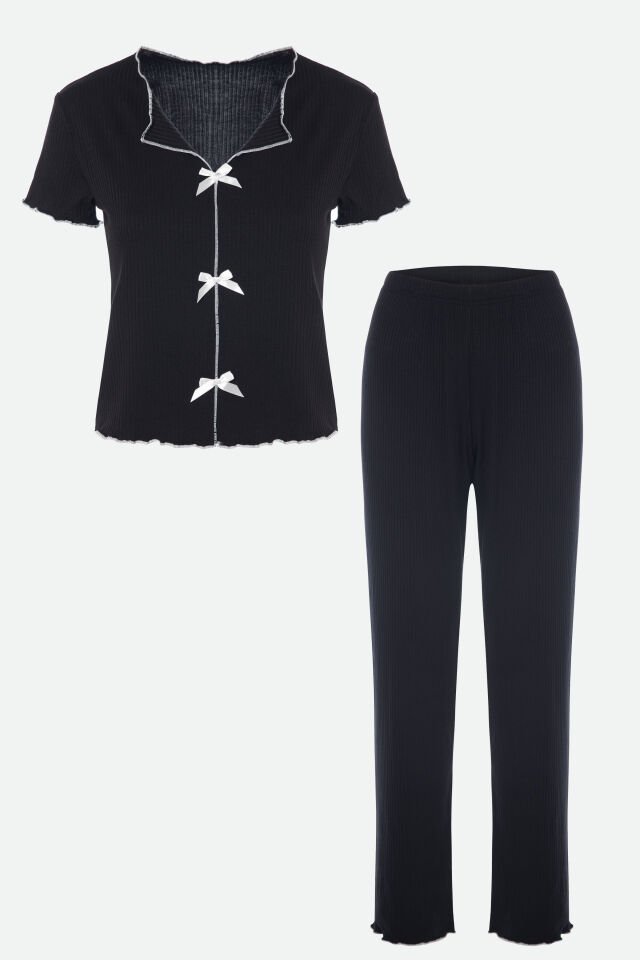 Kadın Kısa Kollu Fiyonklu Fitilli Pijama Takımı Pembe - Beyaz - XL