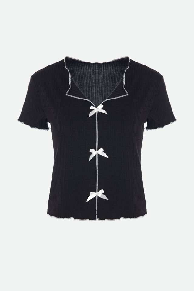 Kadın Kısa Kollu Fiyonklu Fitilli Pijama Takımı