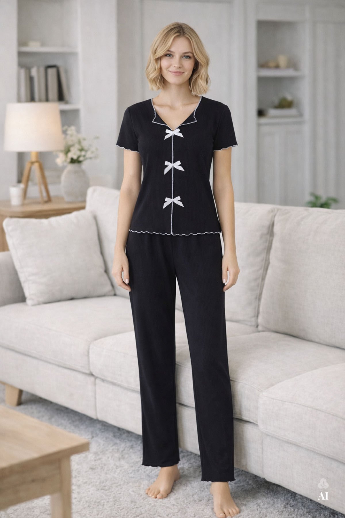 Kadın Kısa Kollu Fiyonklu Fitilli Pijama Takımı L - Siyah - Beyaz