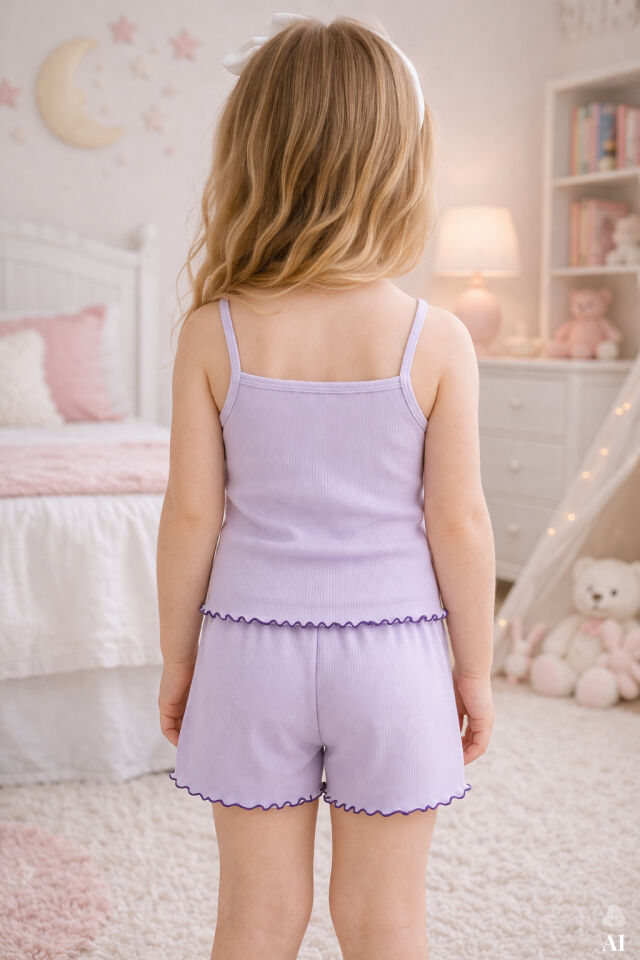 Kız Çocuk Pamuklu Fiyonklu Askılı Şortlu Pijama Takımı