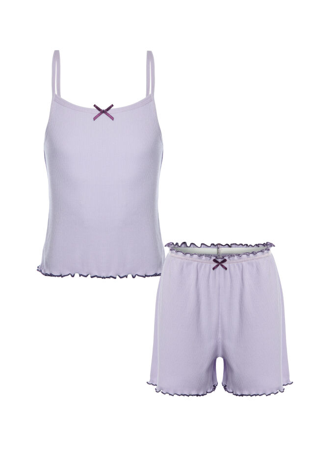 Kız Çocuk Pamuklu Fiyonklu Askılı Şortlu Pijama Takımı