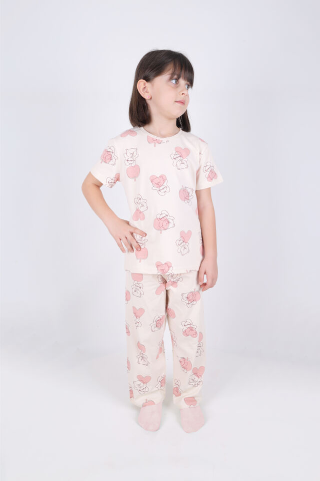 Kız Çocuk Pamuklu Kalpli Desenli Pijama Takımı Ekru - Pudra - 9 - 10 Yaş