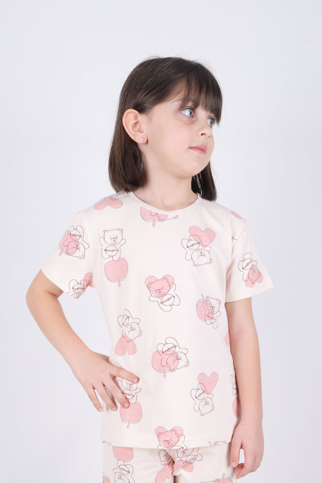 Kız Çocuk Pamuklu Kalpli Desenli Pijama Takımı Ekru - Pudra - 9 - 10 Yaş