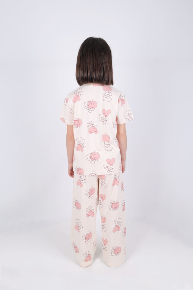 Kız Çocuk Pamuklu Kalpli Desenli Pijama Takımı Ekru - Pudra - 9 - 10 Yaş