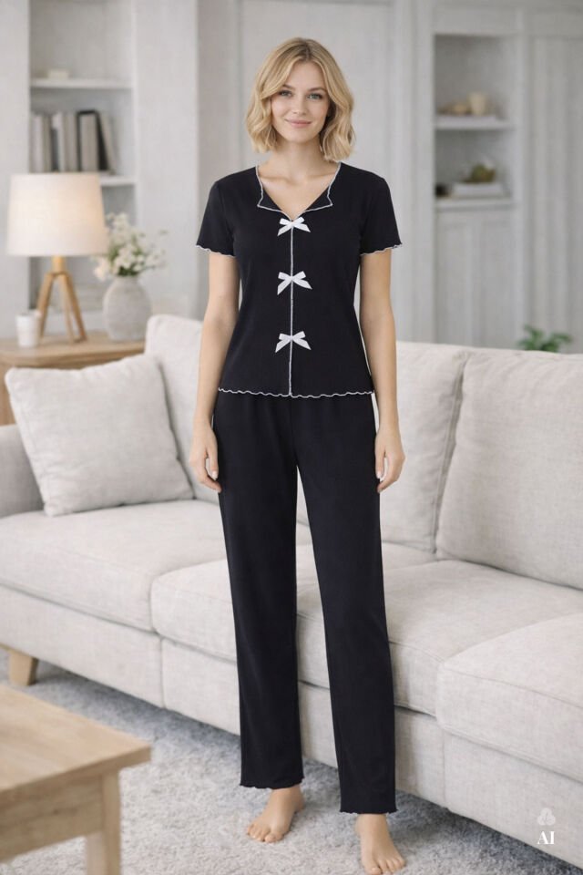 Kadın Kısa Kollu Fiyonklu Fitilli Pijama Takımı XL - Siyah - Beyaz