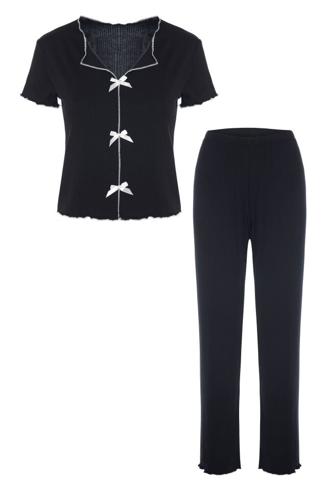 Kadın Kısa Kollu Fiyonklu Fitilli Pijama Takımı XL - Siyah - Beyaz
