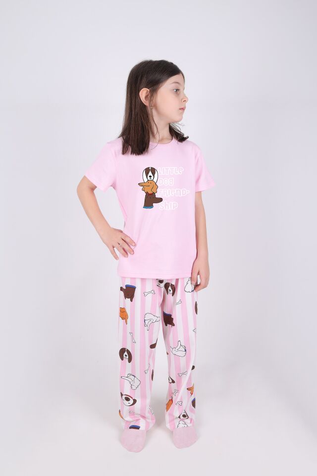 Kız Çocuk Pamuklu Kalpli Desenli Pijama Takımı Pembe - Beyaz - 9 - 10 Yaş