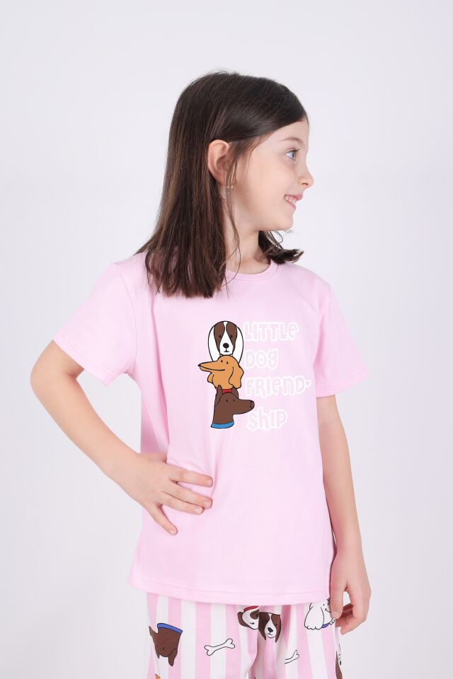 Kız Çocuk Pamuklu Kalpli Desenli Pijama Takımı Pembe - Beyaz - 9 - 10 Yaş