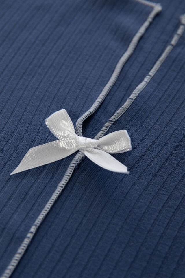 Kadın Kısa Kollu Fiyonklu Fitilli Pijama Takımı İndigo - S