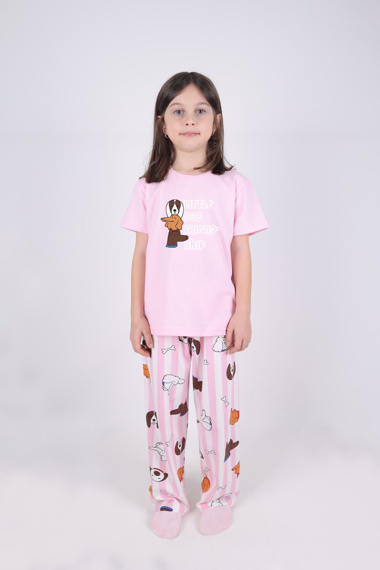 Kız Çocuk Pamuklu Kalpli Desenli Pijama Takımı Pembe - Beyaz - 7 - 8 Yaş