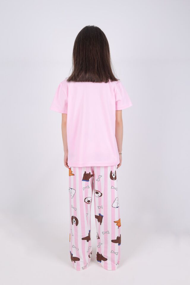Kız Çocuk Pamuklu Kalpli Desenli Pijama Takımı Pembe - Beyaz - 7 - 8 Yaş