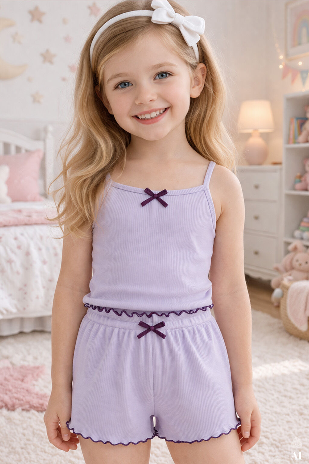 Kız Çocuk Pamuklu Fiyonklu Askılı Şortlu Pijama Takımı Lila - 9-10 Yaş