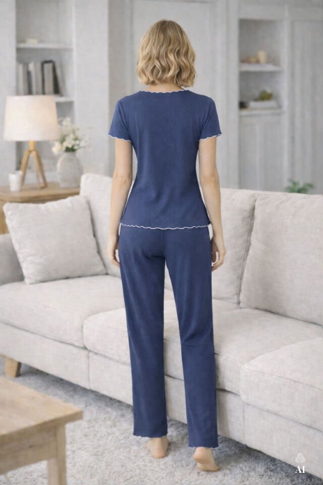 Kadın Kısa Kollu Fiyonklu Fitilli Pijama Takımı İndigo - L