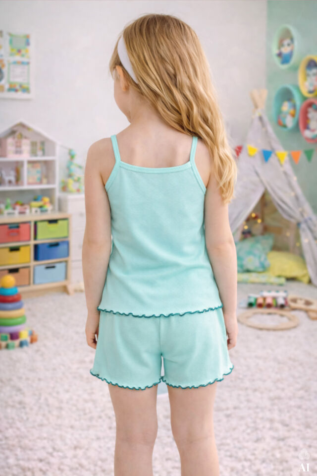 Kız Çocuk Pamuklu Fiyonklu Askılı Şortlu Pijama Takımı Yeşil - 5-6 Yaş