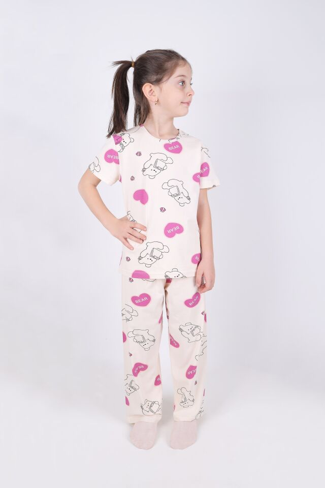Kız Çocuk Pamuklu Kalpli Desenli Pijama Takımı Ekru - Pembe - 5 - 6 Yaş