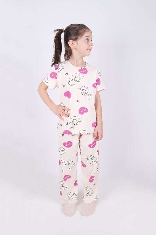Kız Çocuk Pamuklu Kalpli Desenli Pijama Takımı Ekru - Pembe - 5 - 6 Yaş