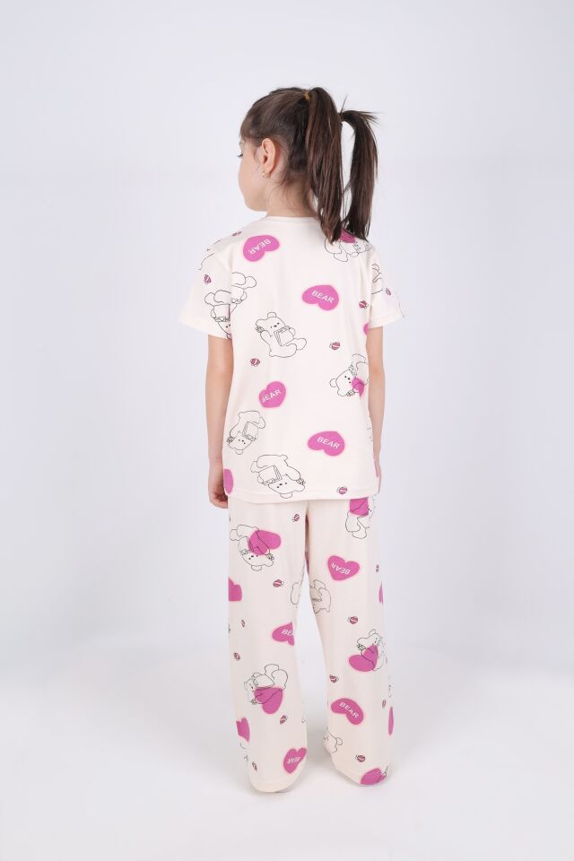 Kız Çocuk Pamuklu Kalpli Desenli Pijama Takımı Ekru - Pembe - 5 - 6 Yaş