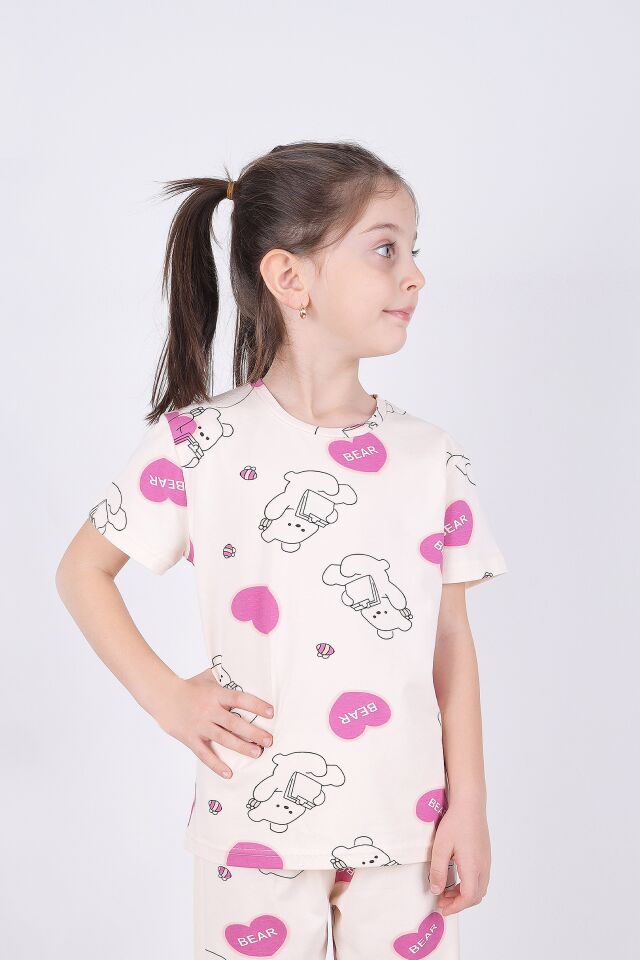 Kız Çocuk Pamuklu Kalpli Desenli Pijama Takımı Ekru - Pembe - 5 - 6 Yaş