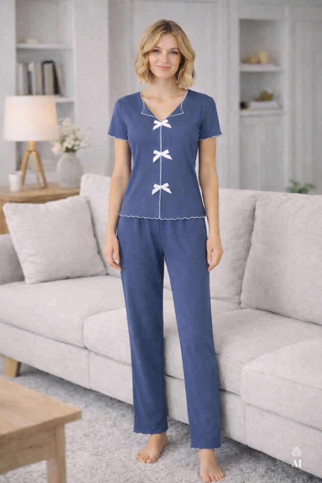 Kadın Kısa Kollu Fiyonklu Fitilli Pijama Takımı İndigo - XL