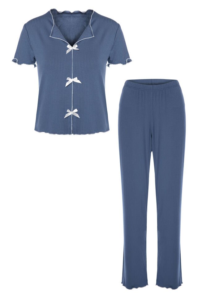Kadın Kısa Kollu Fiyonklu Fitilli Pijama Takımı İndigo - XL