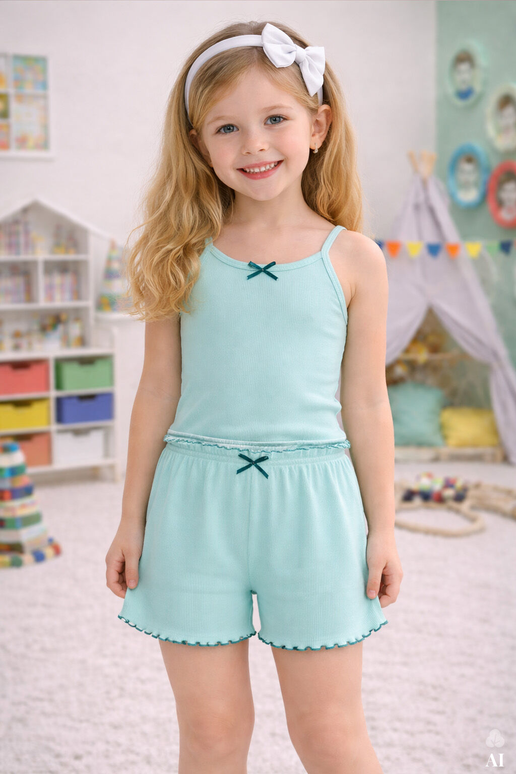 Kız Çocuk Pamuklu Fiyonklu Askılı Şortlu Pijama Takımı Yeşil - 7-8 Yaş