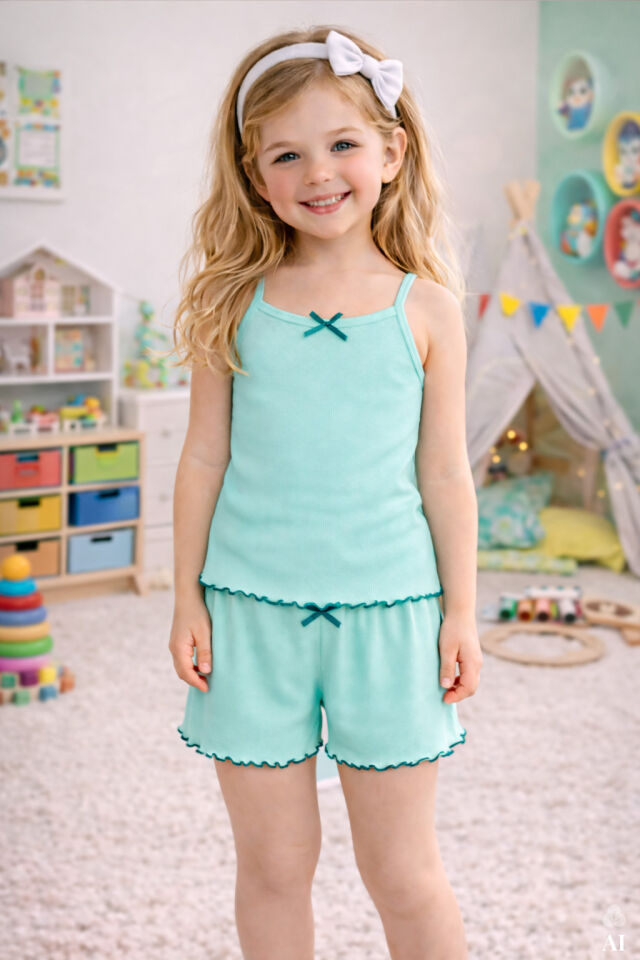 Kız Çocuk Pamuklu Fiyonklu Askılı Şortlu Pijama Takımı Yeşil - 7-8 Yaş
