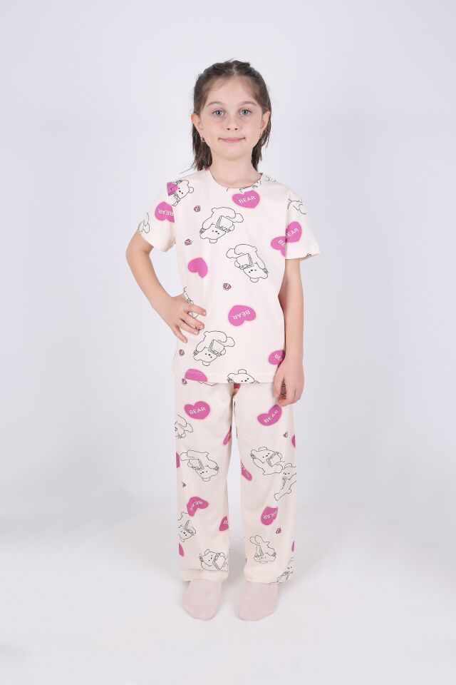 Kız Çocuk Pamuklu Kalpli Desenli Pijama Takımı Ekru - Pembe - 7 - 8 Yaş