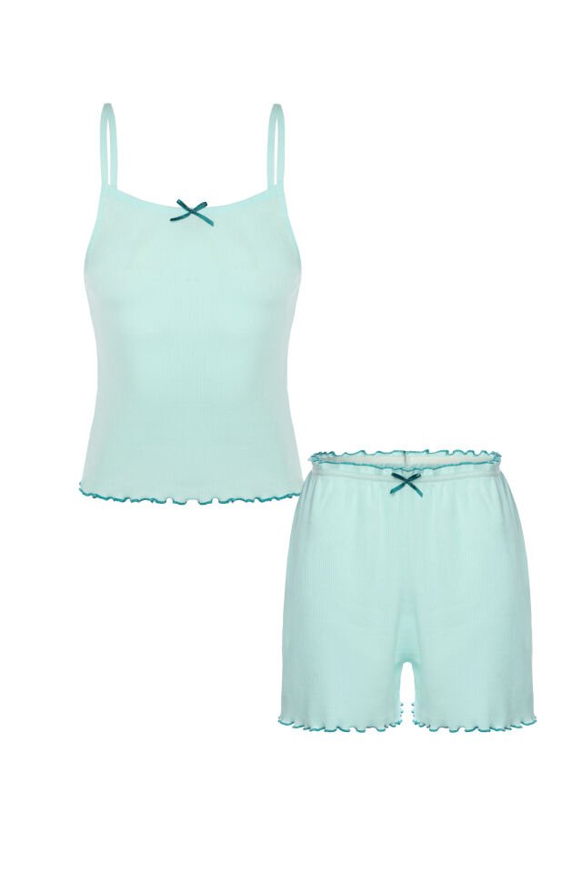 Kız Çocuk Pamuklu Fiyonklu Askılı Şortlu Pijama Takımı Yeşil - 9-10 Yaş