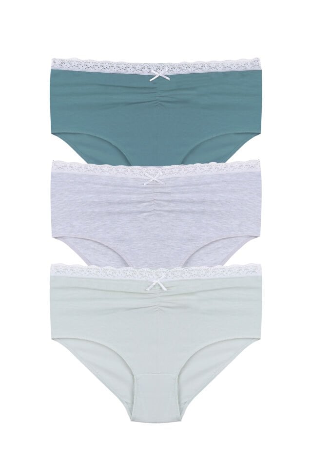 Kadın Ön Bel Dantelli Büzgülü ve Fiyonk Detaylı Lastikli 3'lü Külot Yeşil - Gri - XL/2XL