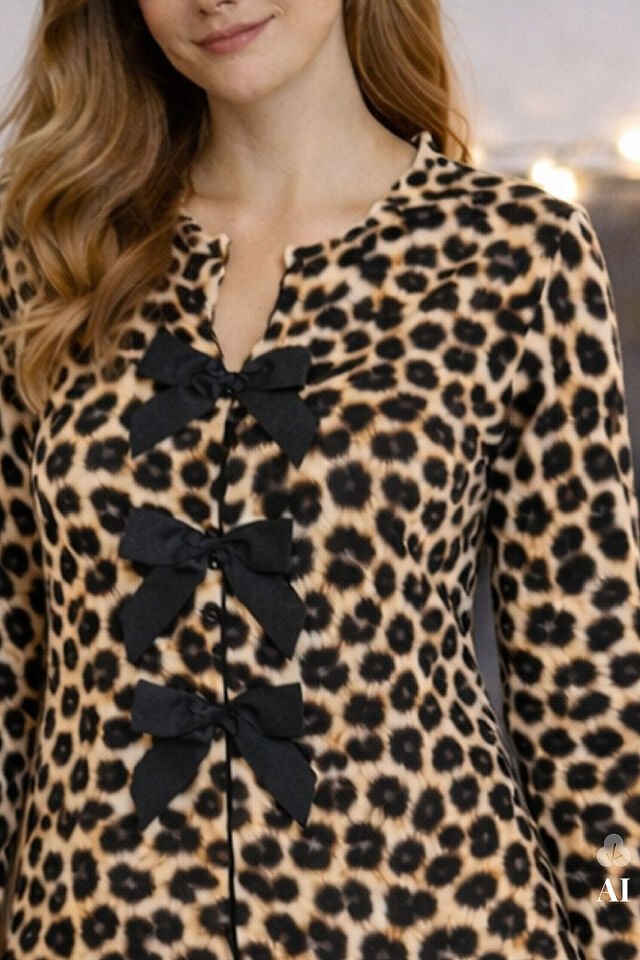 Sevgililer Günü Temalı Kadın Pamuklu Çıtır Çiçek Desenli Baby Overloklu Fiyonklu Uzun Kollu Pijama Takımı M - Kahvrengi - Siyah