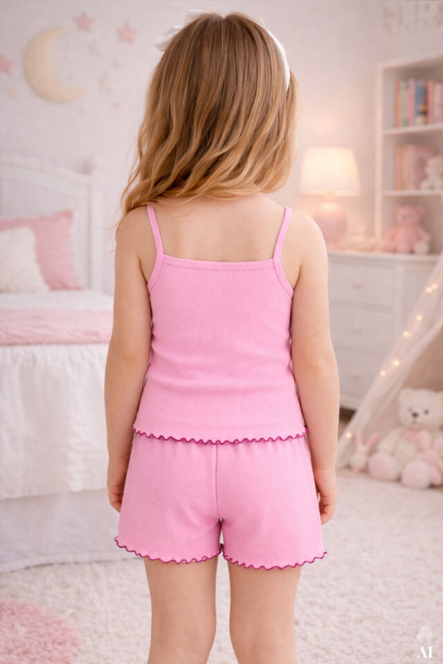 Kız Çocuk Pamuklu Fiyonklu Askılı Şortlu Pijama Takımı Pembe - 7-8 Yaş